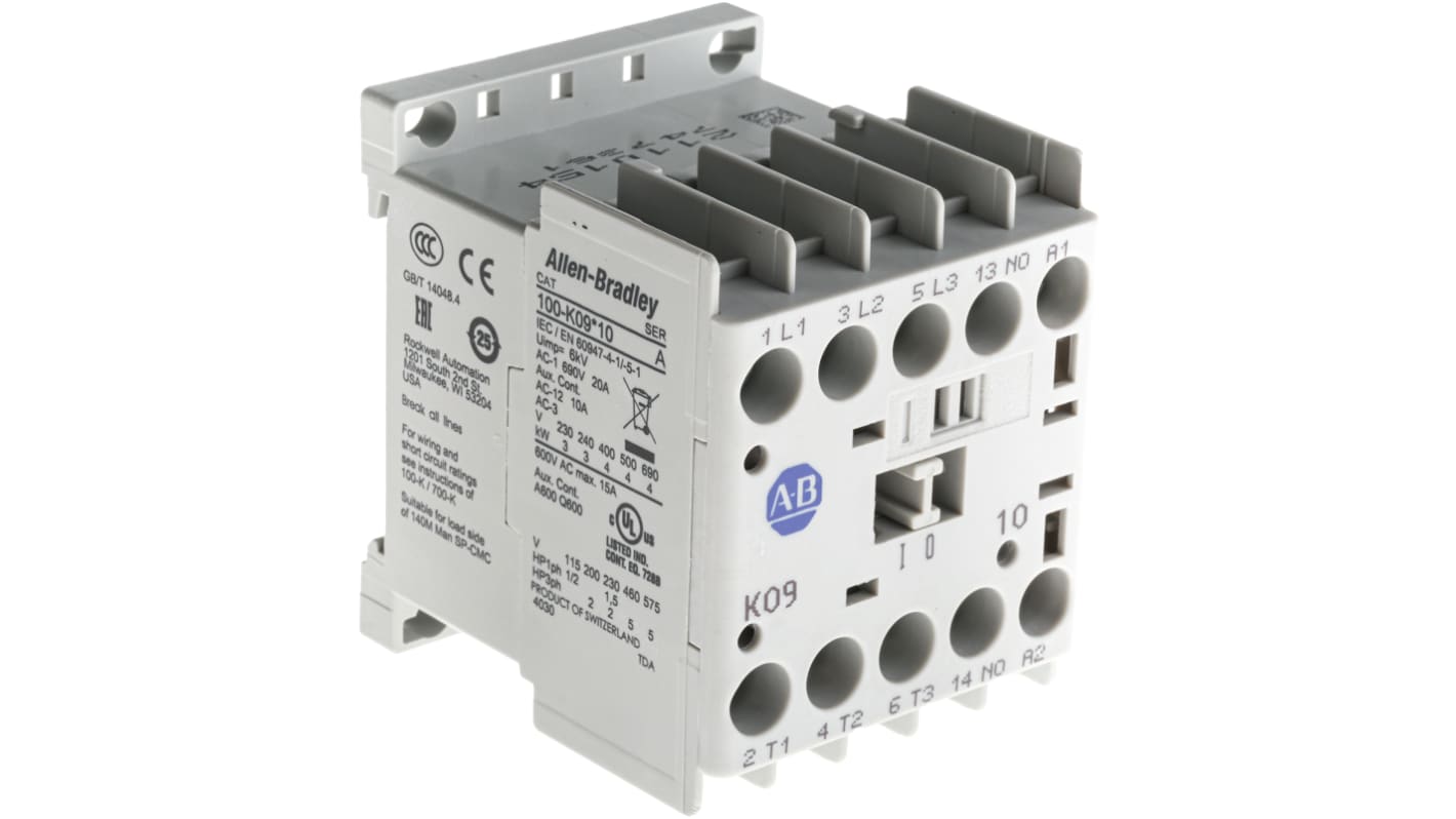 Contattore Allen Bradley 100-K09KF10, 3 poli, 9 A, bobina 230 V, montaggio su guida DIN, dimensioni 50 x 45 x 53 mm.