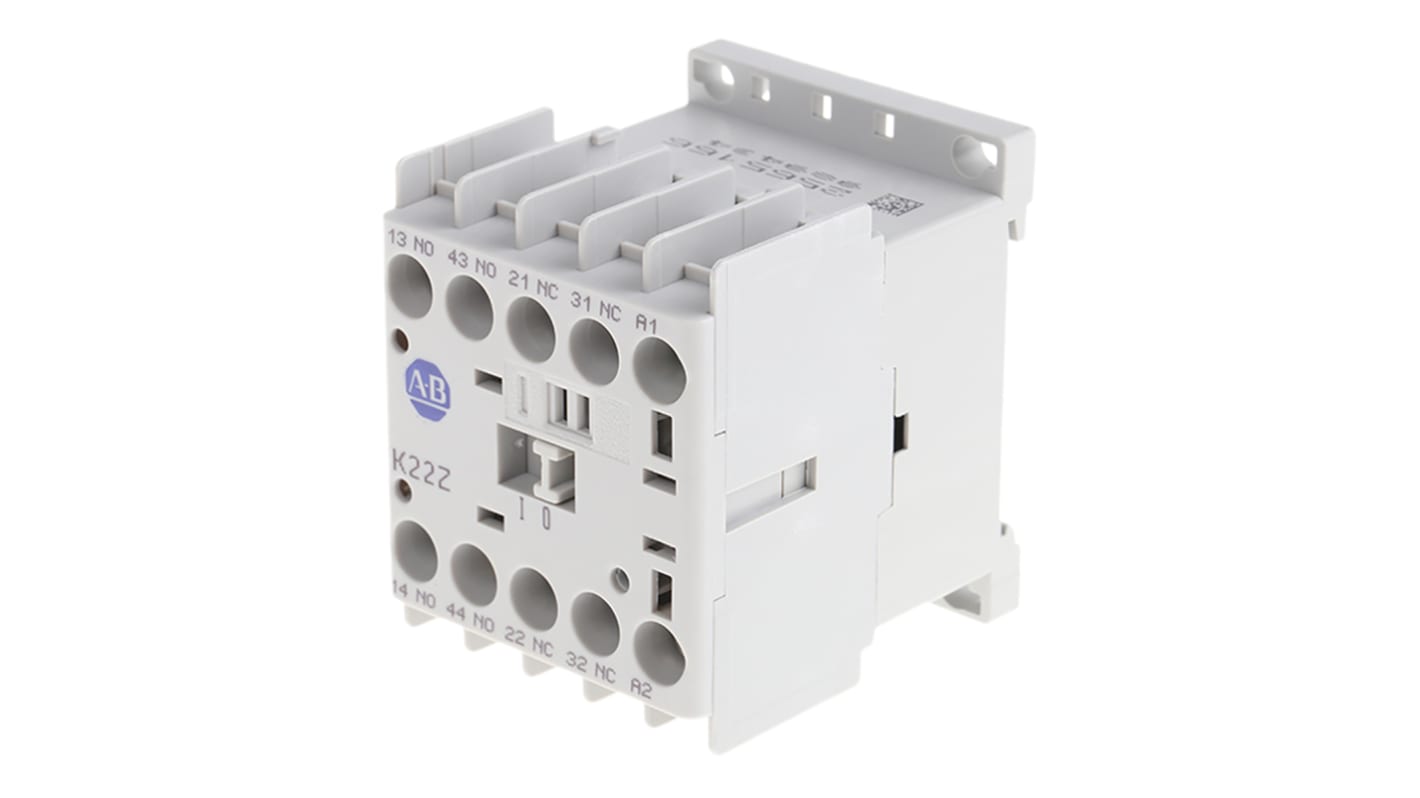 Contattore Allen Bradley 700-K22Z-ZJ, 4 poli, 10 A, bobina 24 V c.c., montaggio su guida DIN, dimensioni 108.2 x 44.9 x 78.7 mm.
