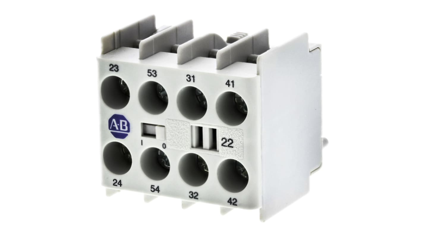 Allen Bradley 100-KFC22, modulo contatti ausiliari 4PST, 2NC + 2NO, montaggio a innesto, corrente nominale 12 A.