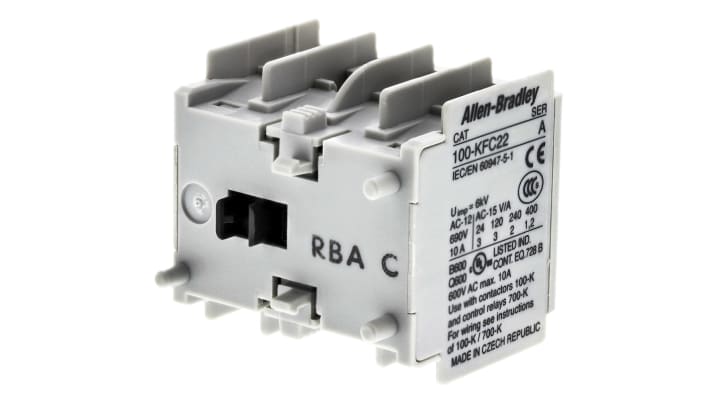 Allen Bradley 100-KFC22, modulo contatti ausiliari 4PST, 2NC + 2NO, montaggio a innesto, corrente nominale 12 A.