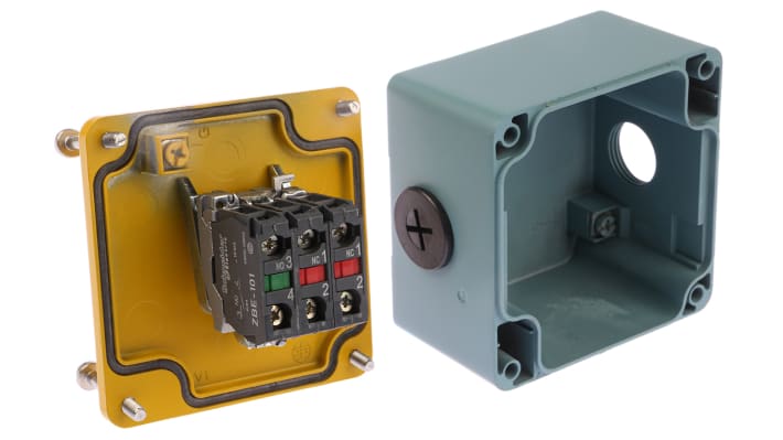 Stazione di controllo Schneider Electric, pulsante di emergenza giallo, montaggio a pannello, IP65, dimensioni 80x80x51mm.