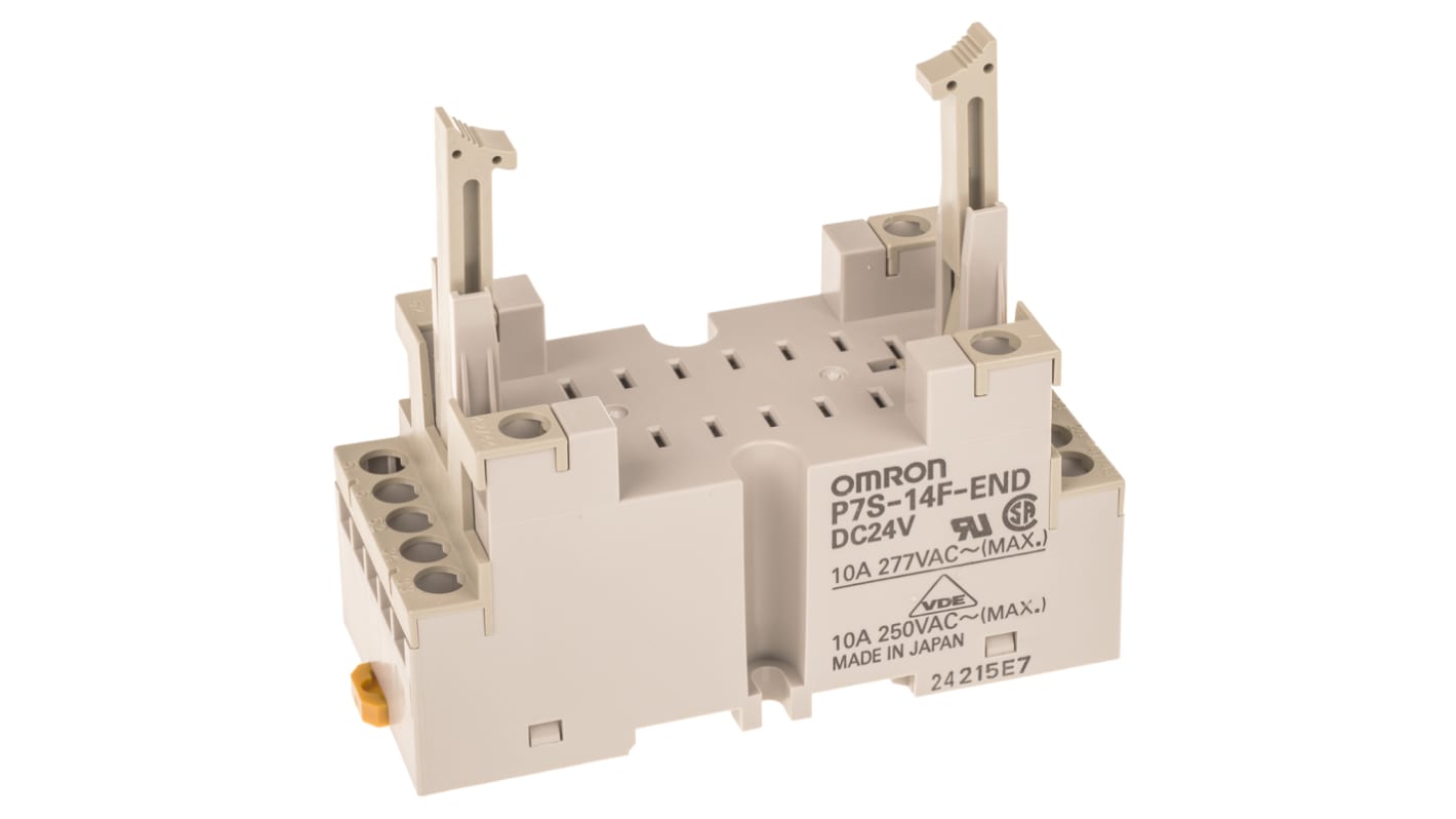 Zoccolo femmina Omron P7S14FEND per relè G7S, 24V cc, 10A, montaggio su guida DIN, dimensioni 90,5 x 40 x 80 mm.