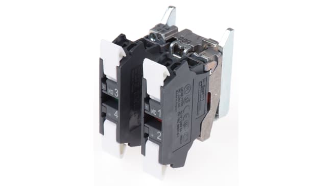 Blocco contatti Schneider Electric ZB4BZ1055, 1 NA + 1 NC, con terminali a morsetto a vite e collare di fissaggio in metallo.