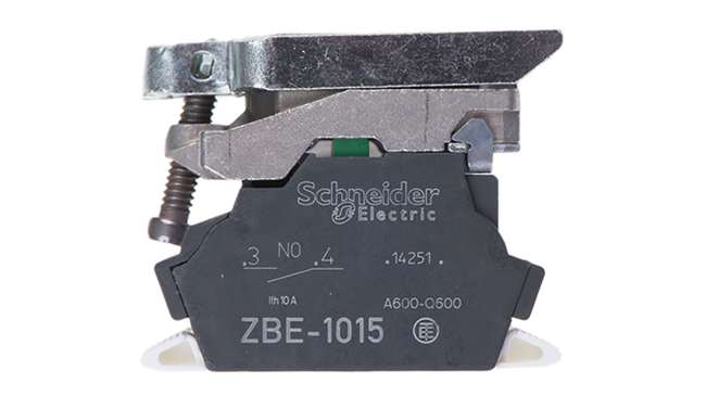 Blocco contatti Schneider Electric ZB4BZ1055, 1 NA + 1 NC, con terminali a morsetto a vite e collare di fissaggio in metallo.