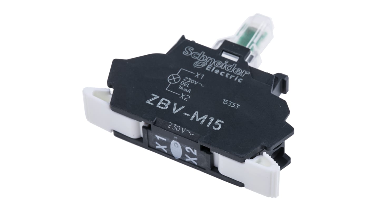 Blocco contatti luminoso LED bianco Schneider Electric ZBVM15, tensione 230V, design anti-serraggio, morsetto a vite per connessione.