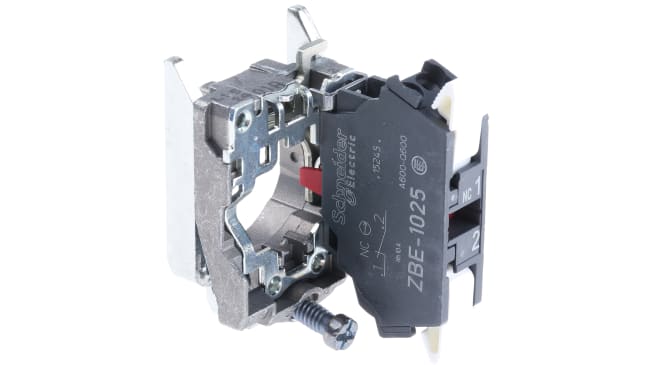Blocco contatti Schneider Electric ZB4BZ1025, 1NC a vite, 600V, assemblaggio con collare metallico, accetta fili fino a 2 x 14 AWG.