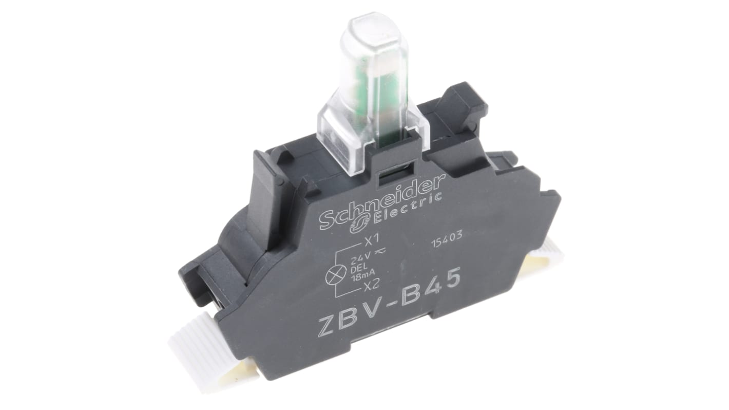Blocco contatti luminoso LED rosso Schneider Electric ZBVB45, tensione 24V, terminale a morsetto a vite, design anti-serraggio.