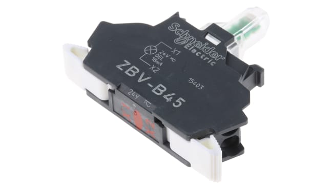 Blocco contatti luminoso LED rosso Schneider Electric ZBVB45, tensione 24V, terminale a morsetto a vite, design anti-serraggio.