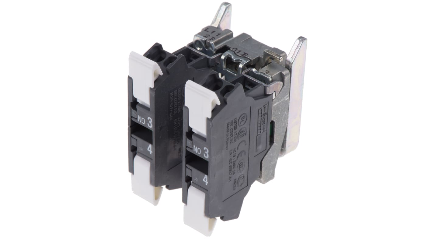 Blocco contatti Schneider Electric ZB4BZ1035, 2 NA, 600V, 10A, con terminali a vite e collare metallico.
