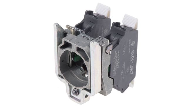 Blocco contatti Schneider Electric ZB4BZ1035, 2 NA, 600V, 10A, con terminali a vite e collare metallico.