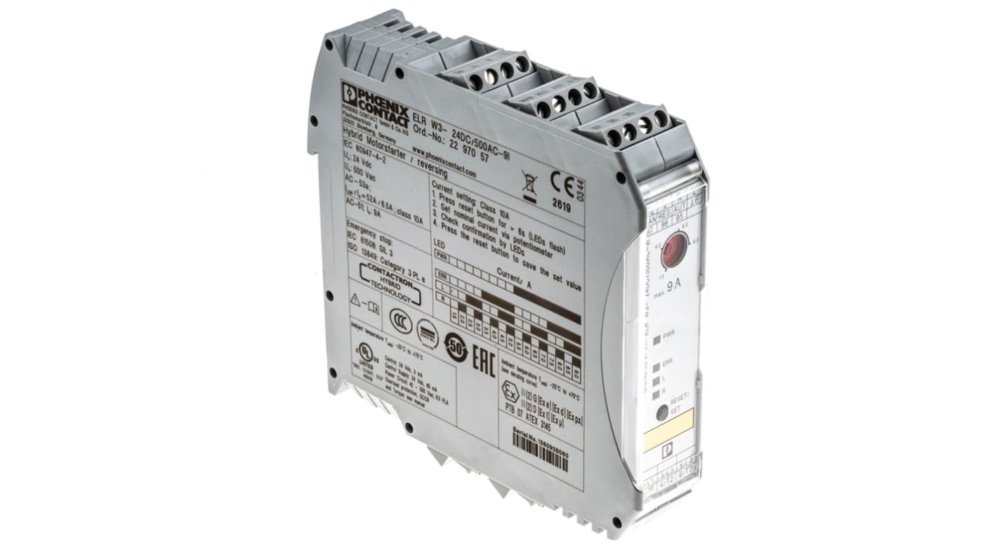 Starter per motore automatico Phoenix Contact 2297057, 3 fasi, 9 A, montaggio su guida DIN, dimensioni 22,5 x 99 x 114,5 mm.