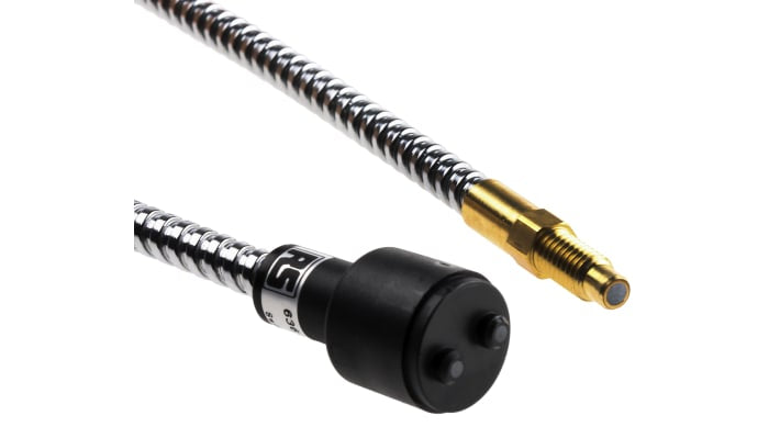 Sensore per fibre ottiche Baumer FUF 050A1003 in vetro, con cavo per collegamento elettrico, adatto a scansione diffusa e fascio passante.