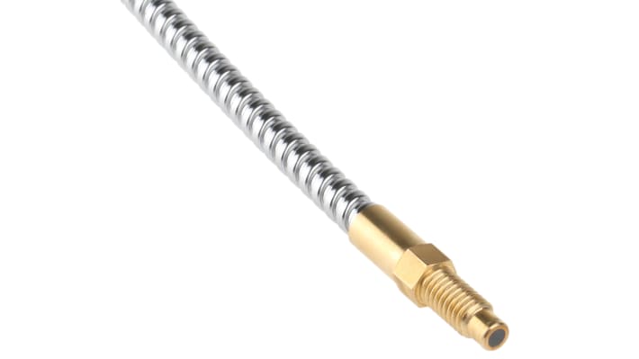 Sensore per fibre ottiche Baumer FUF100A1003 in vetro, con cavo per collegamento elettrico, adatto a scansione diffusa e fascio passante.