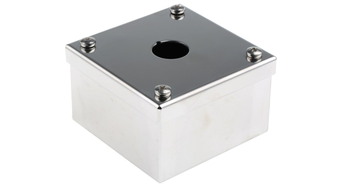 Scatola per pulsante ABB in acciaio inox, IP65, 90 x 90 x 55 mm, con foro da 22 mm, per applicazioni industriali.