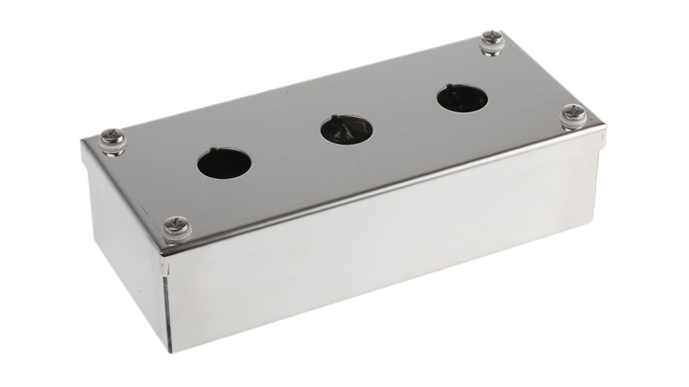 ABB Scatola per pulsante in acciaio inox, 3 fori da 22 mm, grado di protezione IP65, per applicazioni industriali.