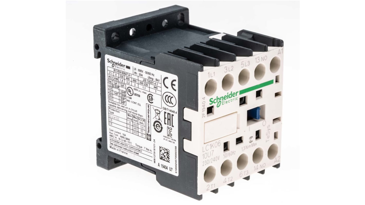 Contattore Schneider Electric LC1K0610U7, 3 poli, 6 A, bobina 230 V, montaggio su guida DIN, dimensioni 58x45x57 mm.
