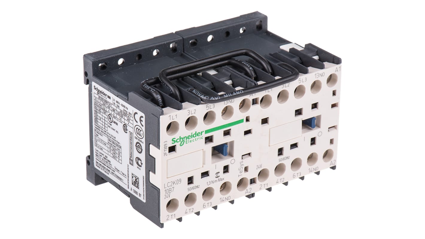 Contattore reversibile Schneider Electric LC2K0910B7, 3 poli, 9 A, 24 V c.a., montaggio a pannello, dimensioni 90x58x57 mm.