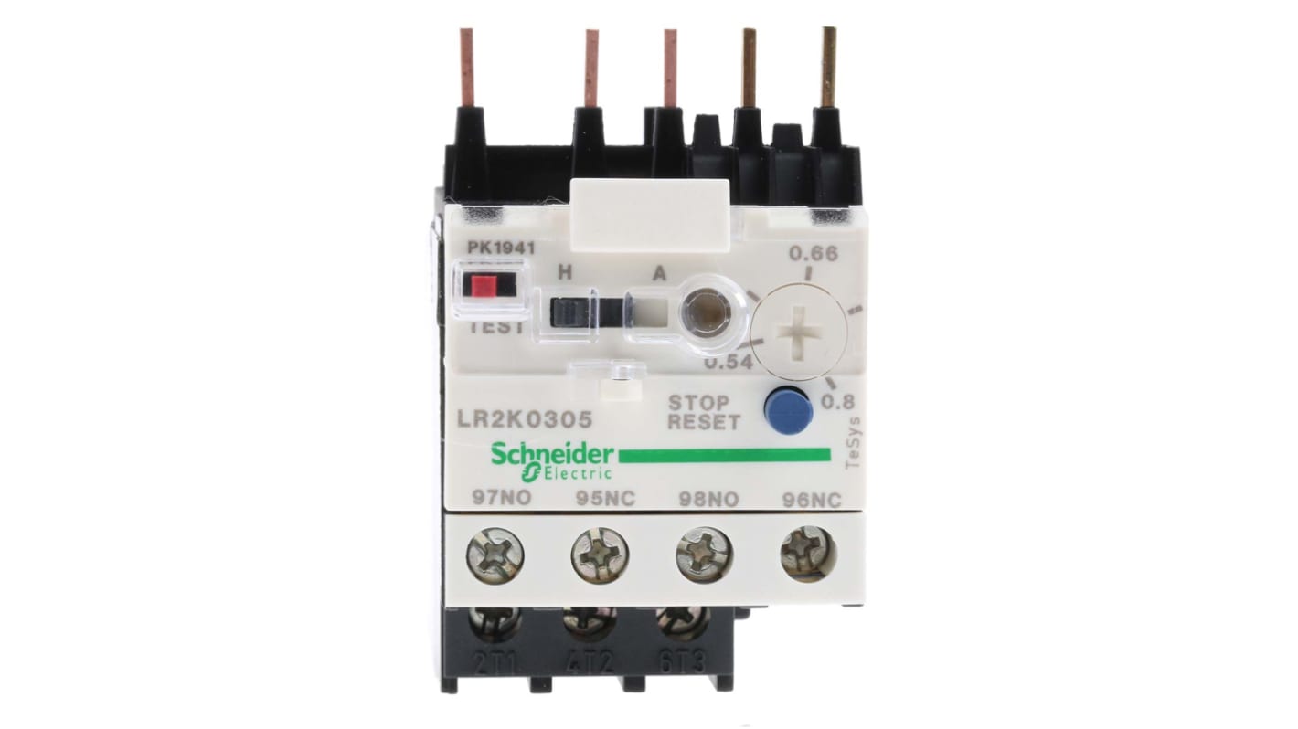 Relè di sovraccarico termico Schneider Electric LR2K0305, 1 NO + 1 NC, montaggio diretto, dimensioni 45x116x65 mm.