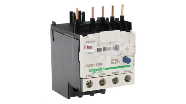 Relè di sovraccarico termico miniaturizzato Schneider Electric LR2K0306: 1 NO + 1 NC, 0,8-1,2 A, protezione motore.