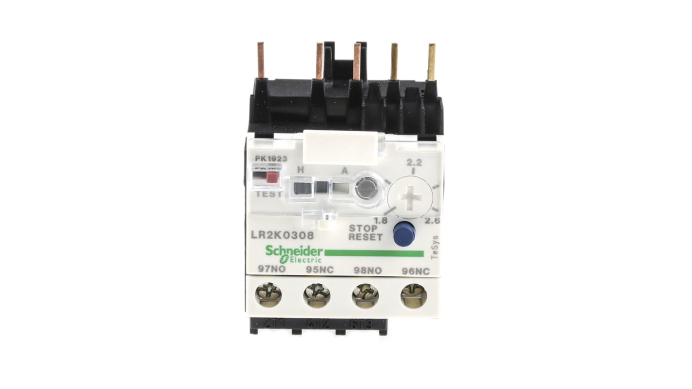 Relè di sovraccarico termico Schneider Electric LR2K0308, 1,8-2,6 A. Protezione motori, reset automatico/manuale. Compatibile con contattori TeSys.
