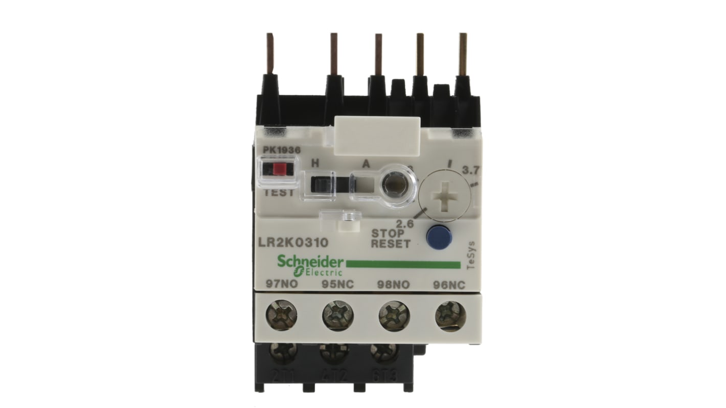 Relè di sovraccarico termico LR2K0310 Schneider Electric, 1 NO + 1 NC, 2,6-3,7 A, TeSys K, protezione motori.