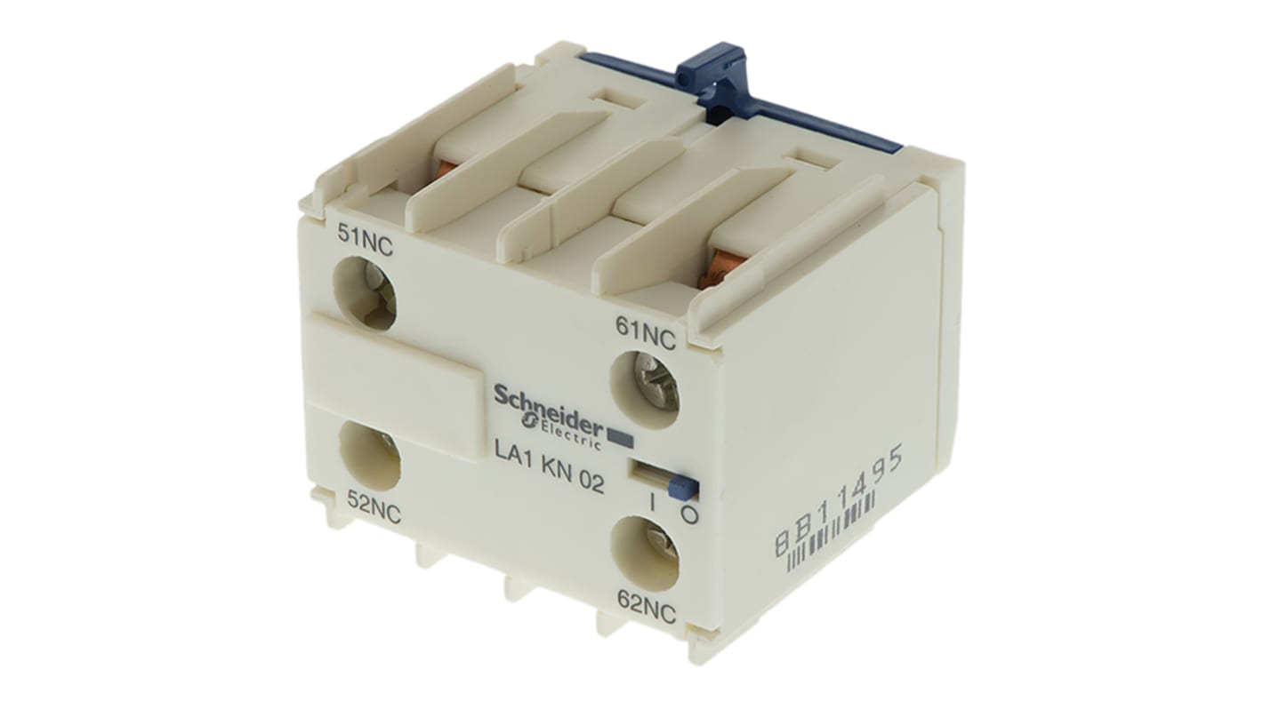 Contatto ausiliario Schneider Electric LA1KN02, 2 contatti N/C, montaggio anteriore. Ideale per circuiti di controllo, affidabile e sicuro.