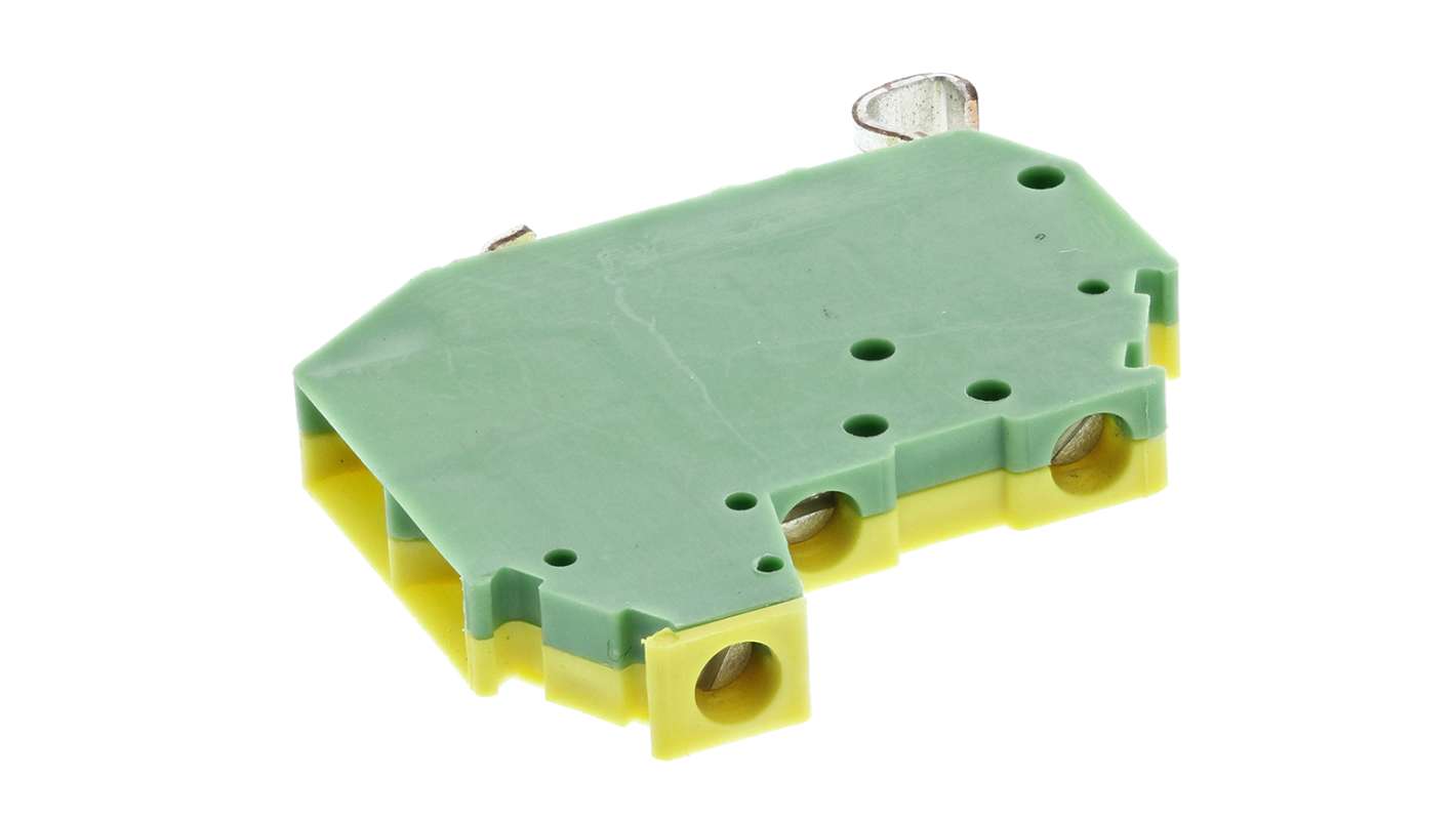 Morsettiera di terra 3 vie Phoenix Contact, con terminale 1-In 2-Out, dimensioni 28x4.2x30 mm, montaggio avvitato.