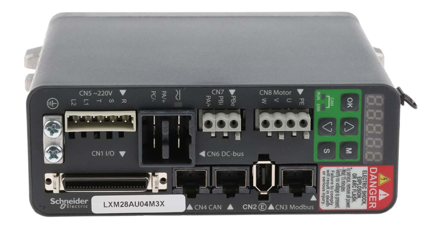 Servocomando Schneider Electric LXM28AU04M3X, 400 W, 220 V, con feedback encoder e funzioni di controllo avanzate. Dimensioni 150x55x146 mm.