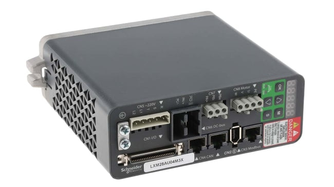 Servocomando Schneider Electric LXM28AU04M3X, 400 W, 220 V, con feedback encoder e funzioni di controllo avanzate. Dimensioni 150x55x146 mm.