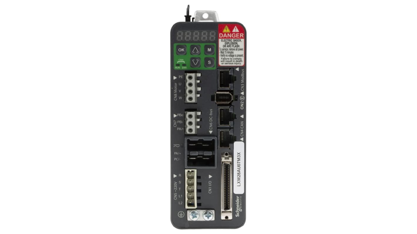 Servomeccanismo Schneider Electric LXM28AU07M3X, 750 W, 220 V, con feedback encoder e interfaccia CANopen. Dimensioni 150x55x146 mm.