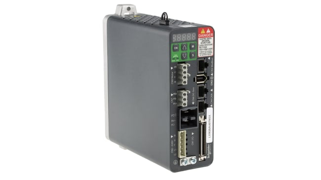 Servomeccanismo Schneider Electric LXM28AU07M3X, 750 W, 220 V, con feedback encoder e interfaccia CANopen. Dimensioni 150x55x146 mm.