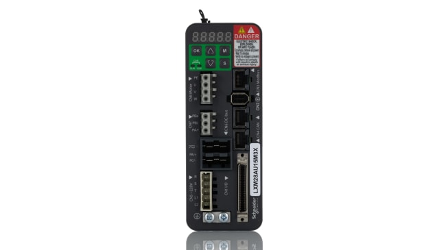 Servocomando Schneider Electric LXM28AU15M3X, potenza 1,5 kW, tensione 220 V, con feedback encoder e interfaccia CANopen.
