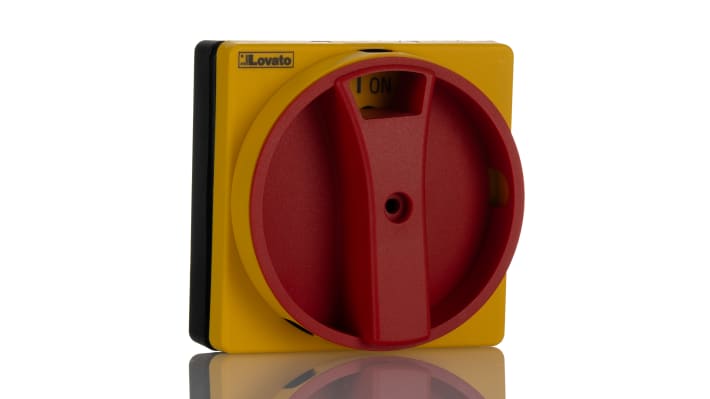 Manopola rotante Lovato GAX61 per sezionatori GA063 SA, GA-A, GA-C, GA-D, colore rosso/giallo, lunghezza 65mm, IP65.