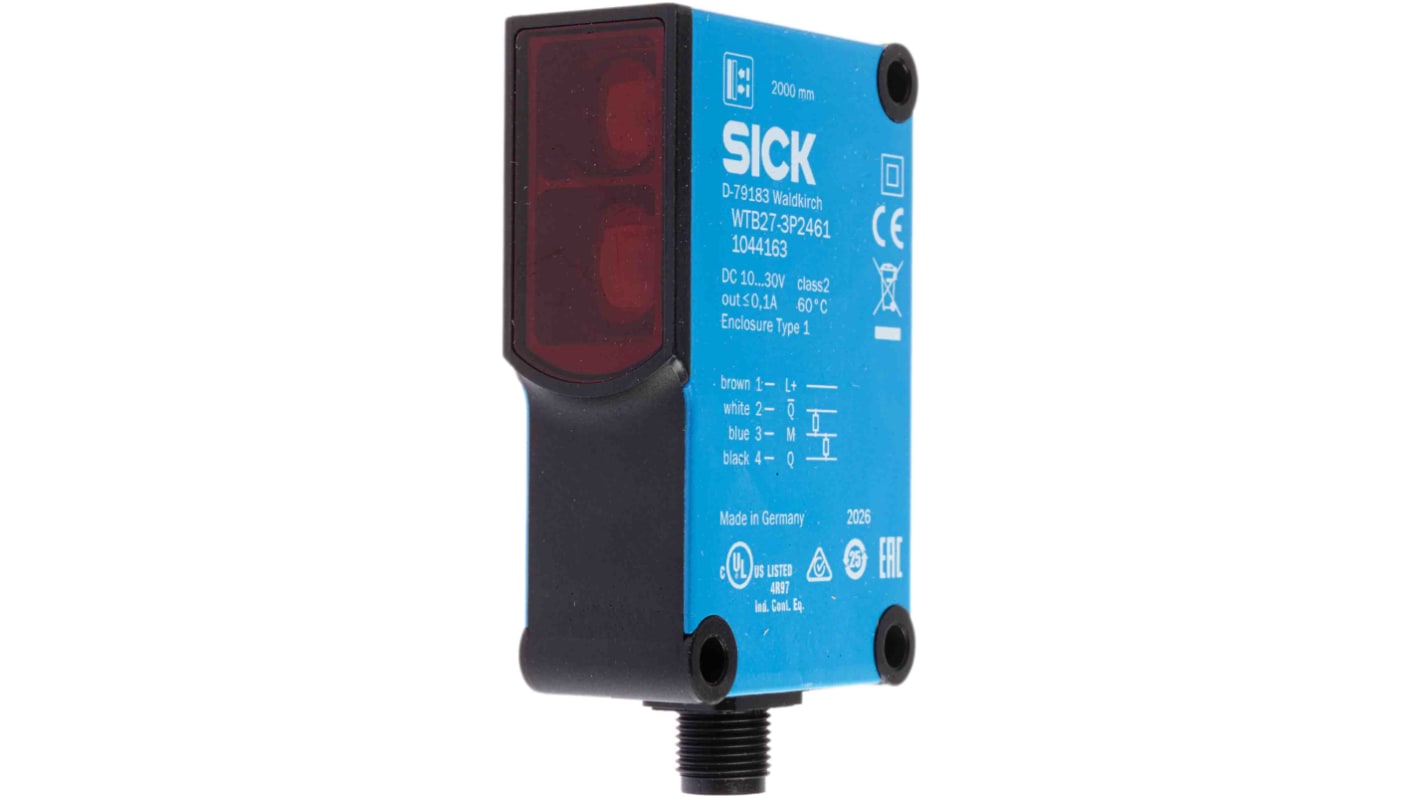 Sensore fotoelettrico rettangolare Sick WTB27-3P2461, rilevamento 30 mm a 2 m, uscita PNP, grado di protezione IP69K.