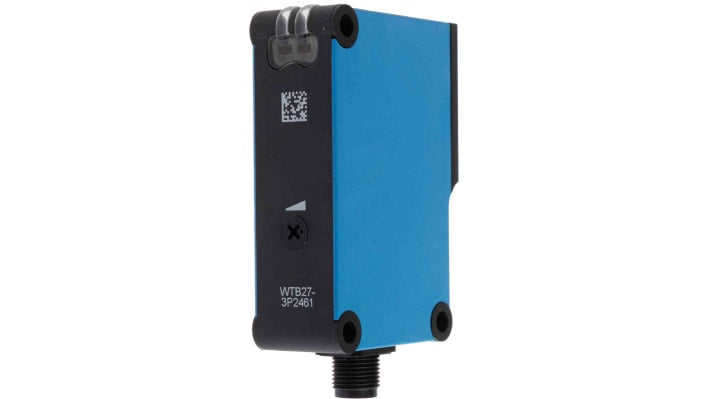Sensore fotoelettrico rettangolare Sick WTB27-3P2461, rilevamento 30 mm a 2 m, uscita PNP, grado di protezione IP69K.