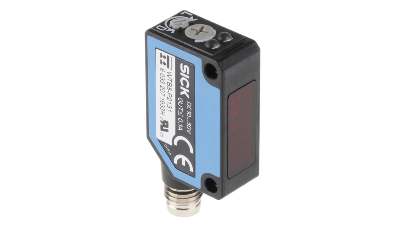 Sensore fotoelettrico rettangolare Sick WTB8-P2131, rilevamento 30-300 mm, uscita PNP, montaggio a pannello, IP67.