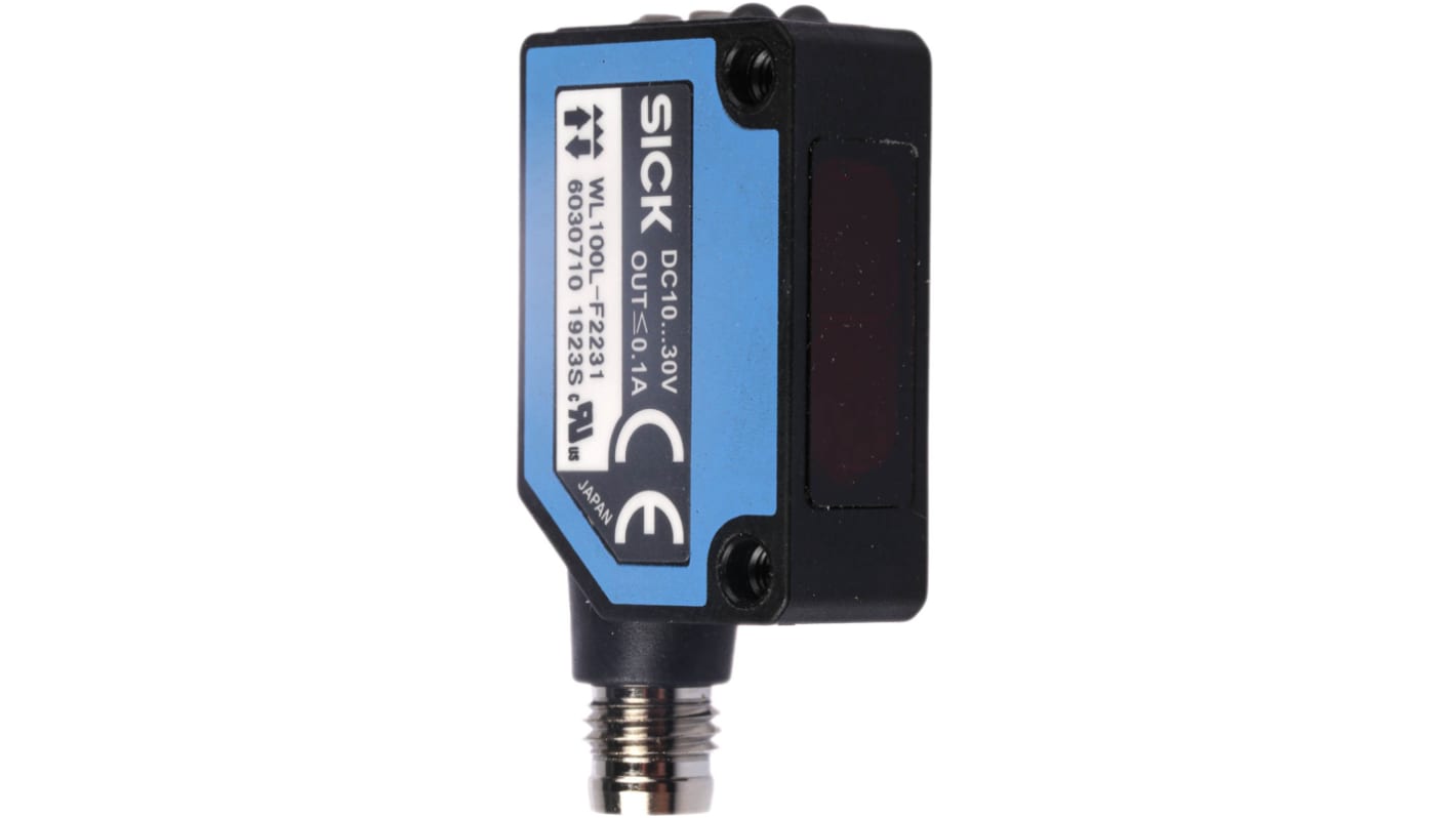 Sensore fotoelettrico rettangolare Sick WTB8-P2231, rilevamento 30-300 mm, montaggio a pannello, IP67, dimensioni 11x31x20 mm.