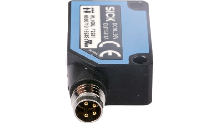 Sensore fotoelettrico rettangolare Sick WTB8-P2231, rilevamento 30-300 mm, montaggio a pannello, IP67, dimensioni 11x31x20 mm.