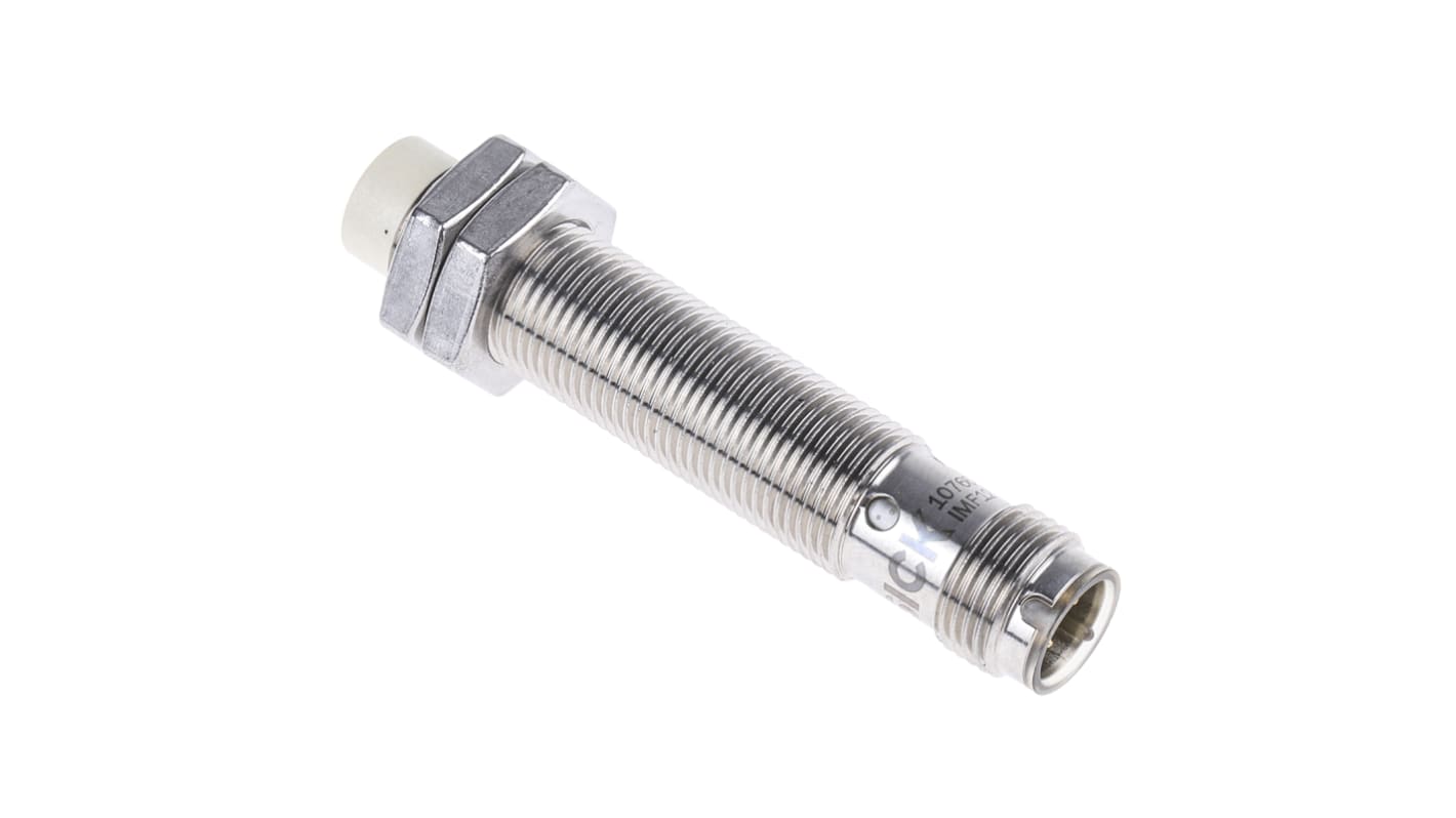 Sensore di prossimità cilindrico Sick IMF12-08NPPNC0S, PNP M12, rilevamento 8 mm, IP68/IP69K, acciaio inox, compatibile IO-Link.