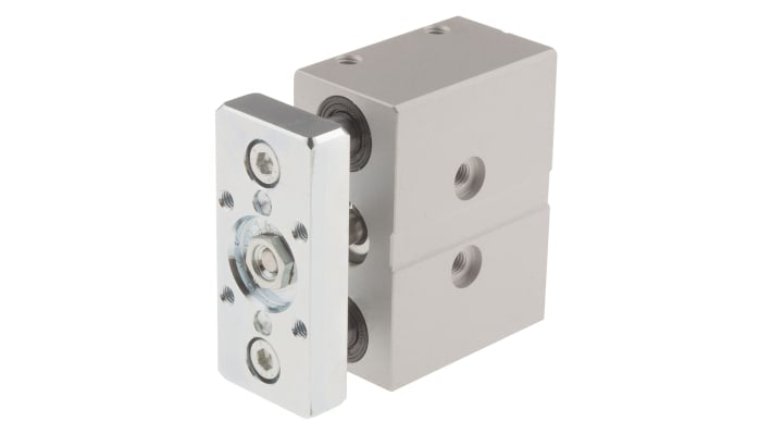 Cilindro guidato Festo DFM-12-10-P-A-KF, corsa 10mm, doppio effetto, struttura in alluminio, dimensioni 59 x 60 x 28mm.