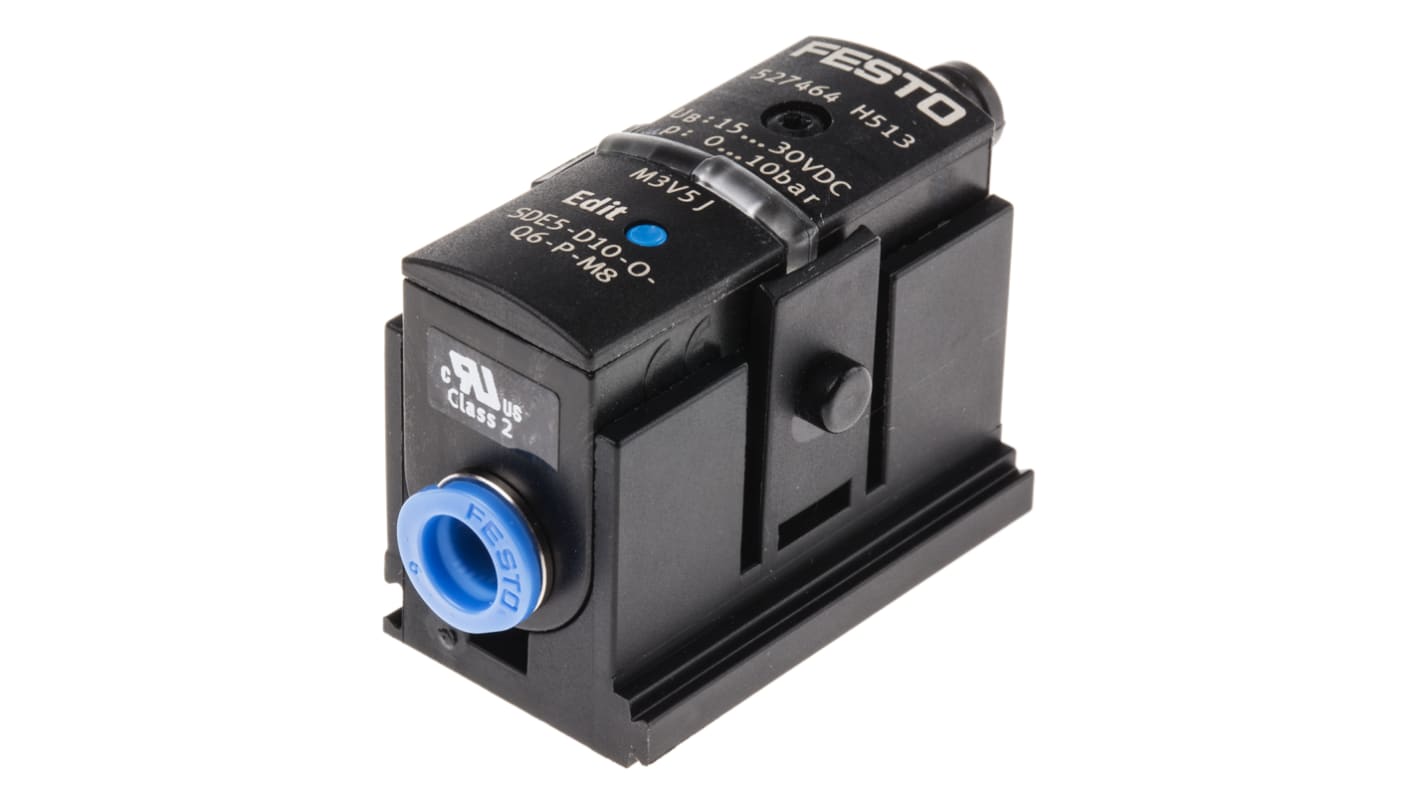 Sensore di pressione Festo SDE5-D10-O-Q6-P-M8, gamma 0-10 bar, attacco 6 mm, alimentazione 15-30 V cc, IP40.