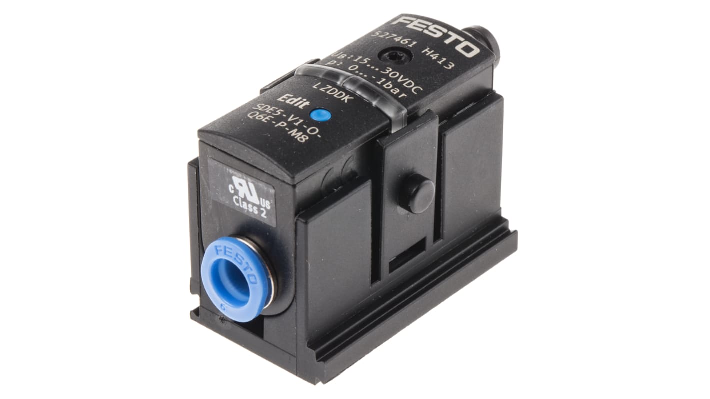 Sensore di pressione Festo SDE5-V1-O-Q6E-P-M8, attacco 6 mm, IP40, per aria compressa, montaggio versatile, peso 19 g.