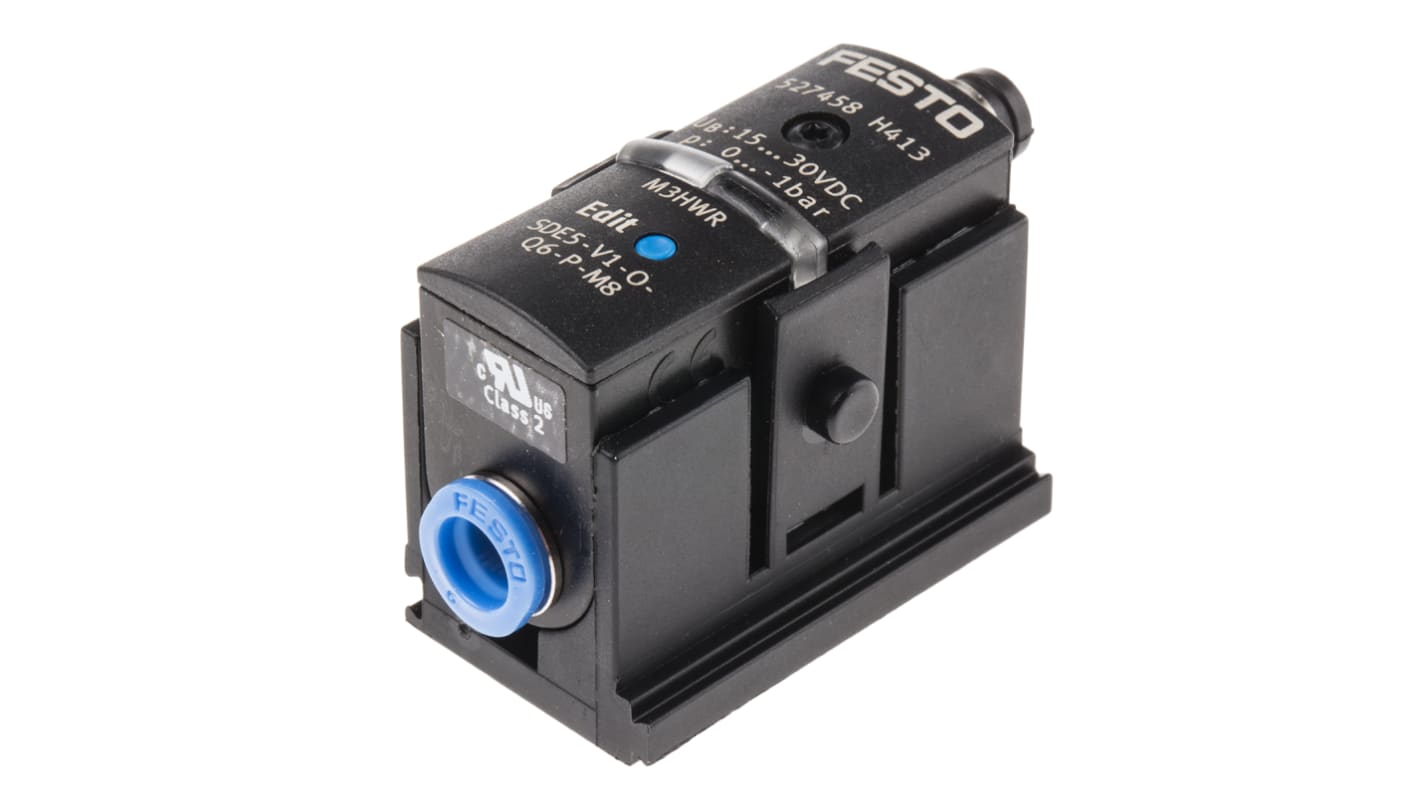 Festo SDE5-V1-O-Q6-P-M8, sensore di pressione piezoresistivo, attacco 6 mm, per applicazioni a bassa pressione.