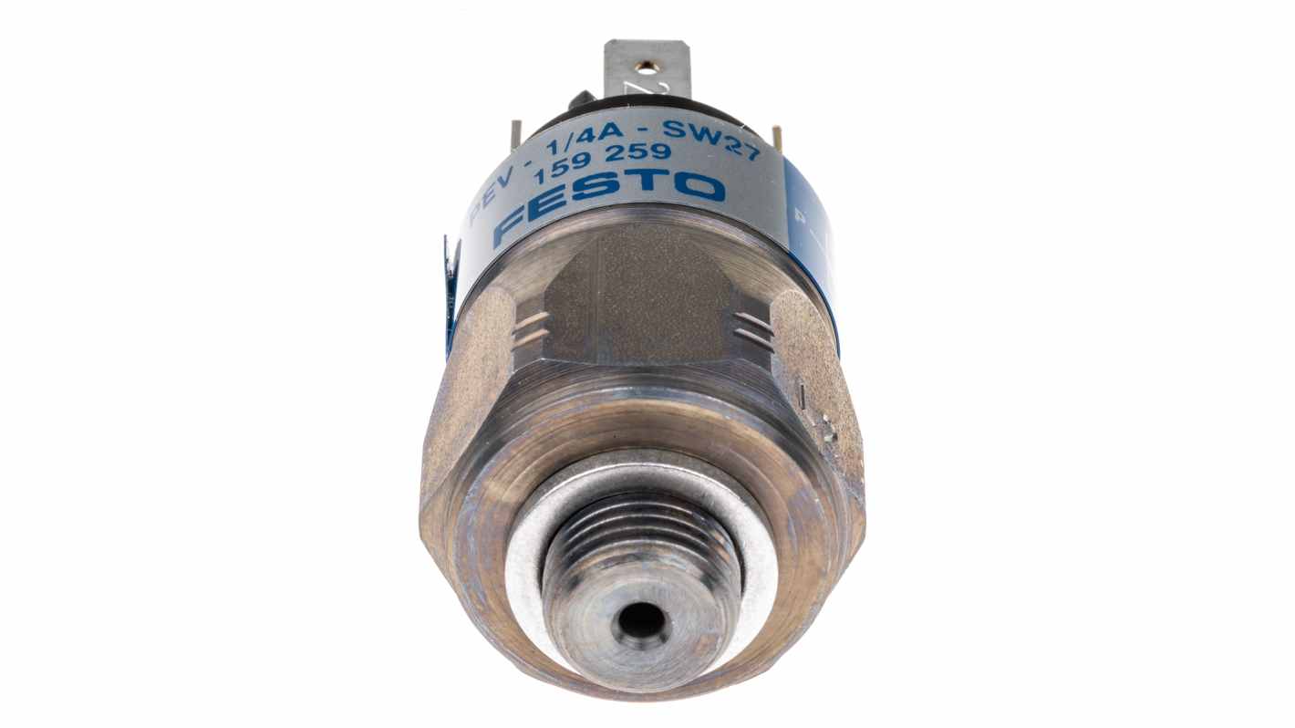 Pressostato Festo PEV-1/4-A-SW27, connessione G 1/4, pressione operativa 1-10 bar, grado di protezione IP65.