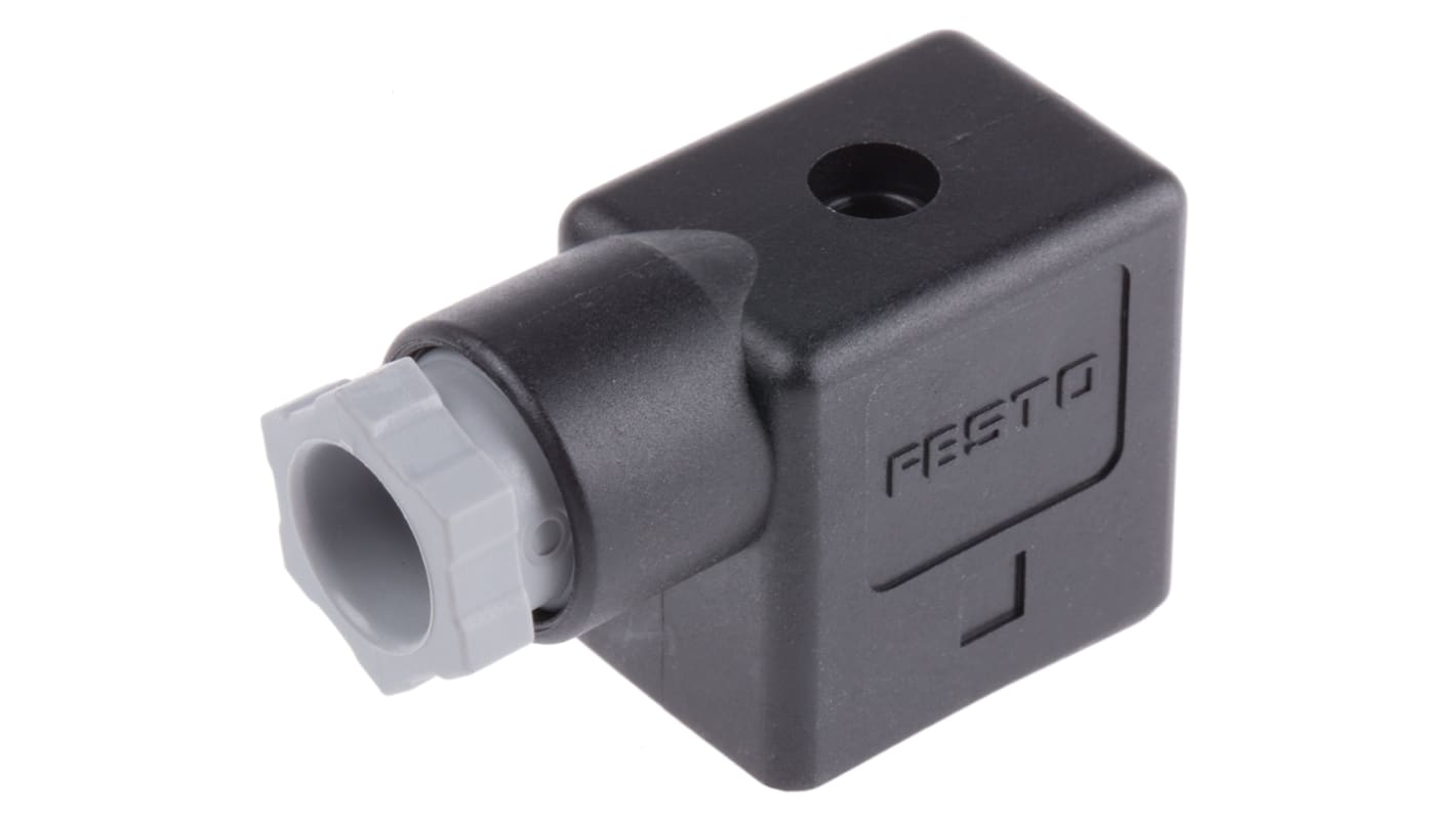 Connettore solenoide femmina Festo MSSD-F, 3 pin, conforme a DIN 43650 B, montaggio a vite, protezione IP65, per valvole e bobine.