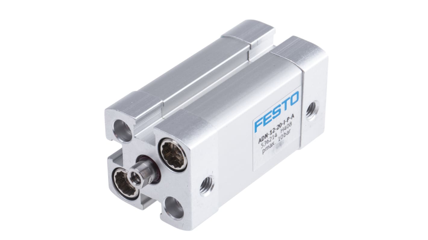 Cilindro pneumatico Festo ADN-12-20-I-P-A, doppio effetto, foro 12mm, corsa 20mm, dimensioni 27,5 x 27,5 x 59,2mm.