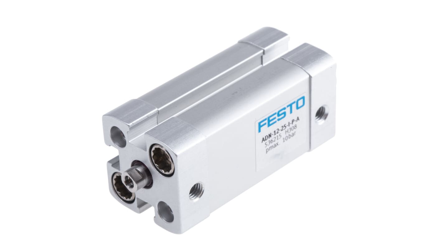 Cilindro pneumatico Festo ADN-12-25-I-P-A, doppio effetto, foro 12mm, corsa 25mm, montaggio orizzontale o verticale. Dimensioni 27,5 x 27,5 x 64,2 mm.