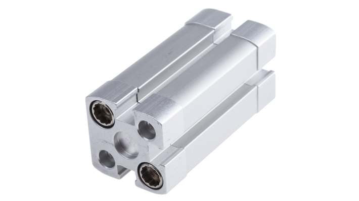 Cilindro pneumatico Festo ADN-12-25-I-P-A, doppio effetto, foro 12mm, corsa 25mm, montaggio orizzontale o verticale. Dimensioni 27,5 x 27,5 x 64,2 mm.