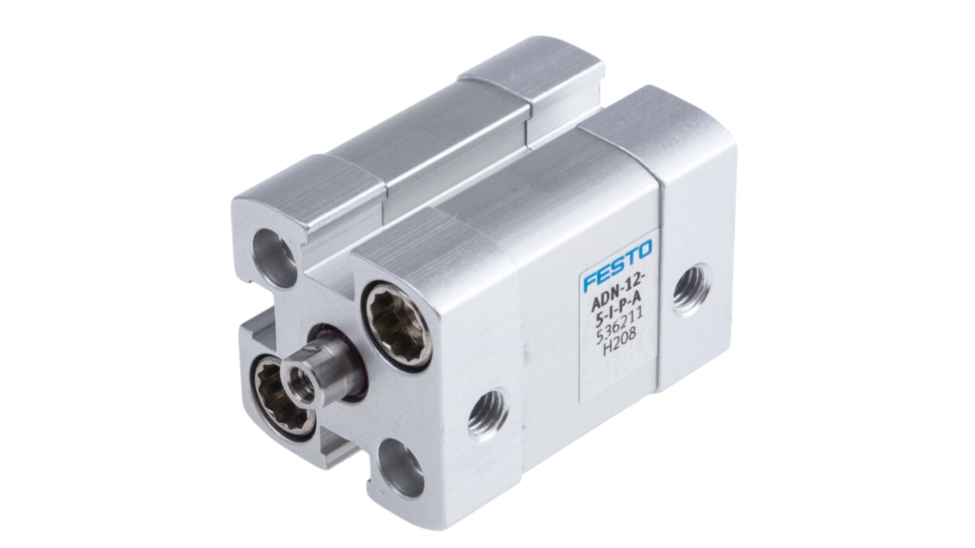 Cilindro pneumatico Festo ADN-12-5-I-P-A, doppio effetto, foro 12mm, corsa 5mm, dimensioni 27.5x27.5x44.2mm.