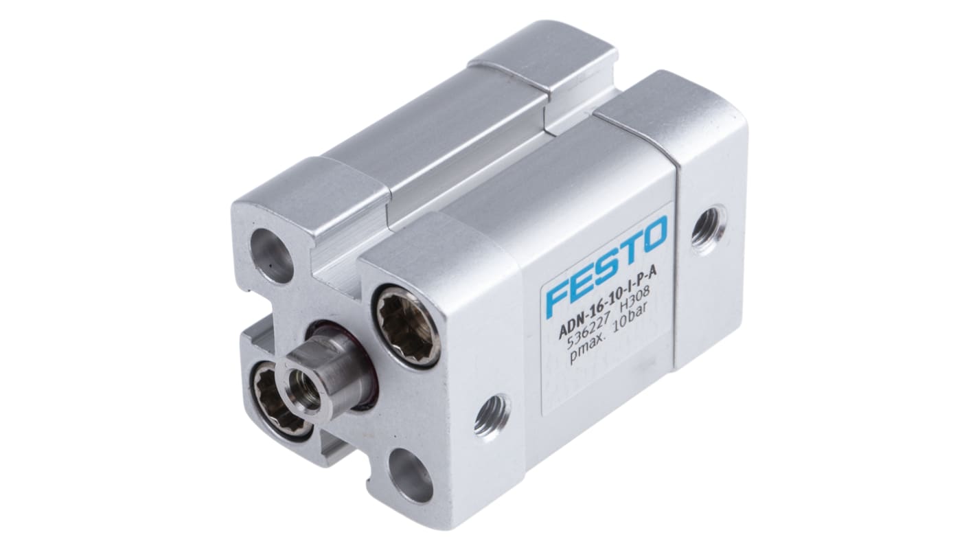 Cilindro pneumatico Festo ADN-16-10-I-P-A, doppio effetto, foro 16mm, corsa 10mm, pressione max 10 bar, dimensioni 49,7 x 29 x 29mm.
